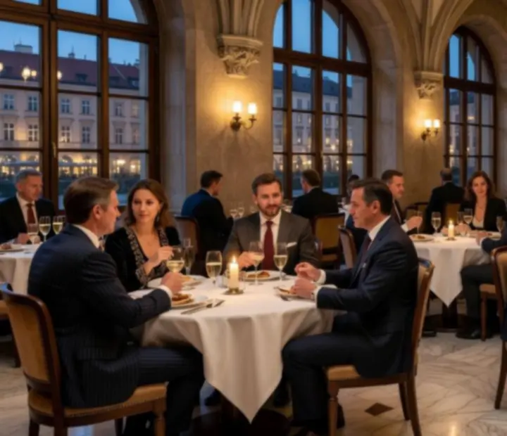 Večerní společenské setkání dospělých hostů v pražské casino restauraci Bohe Vixx.