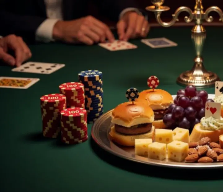 Sdílený casino talíř s finger food k pokerovému stolu