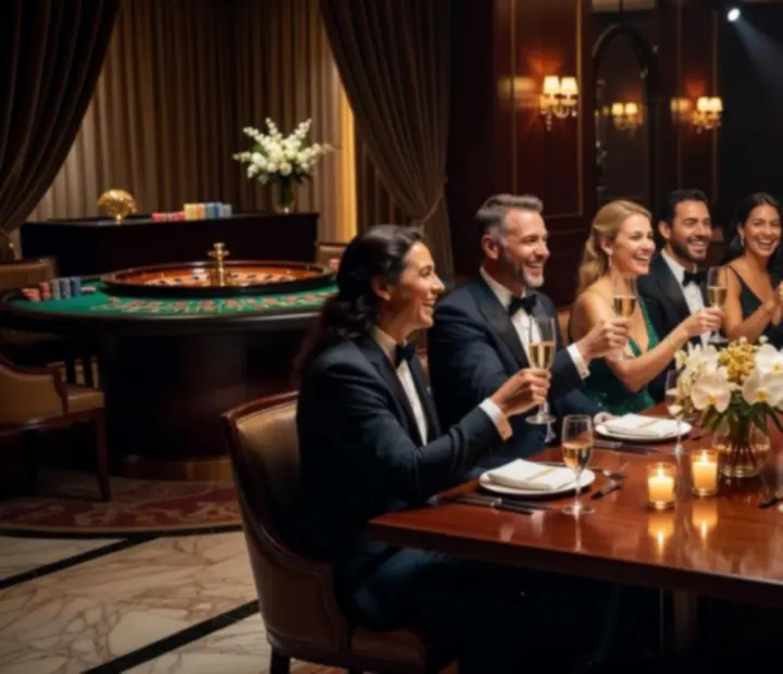 Skupinová a firemní rezervace v elegantní casino restauraci s hosty u stolu.