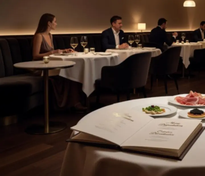 Elegantní stůl v casino restauraci Bohe Vixx s degustačním menu a pokerovými kartami