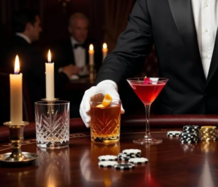 Krupiér a prémiový koktejlový servis během pokerového večera v restauraci
