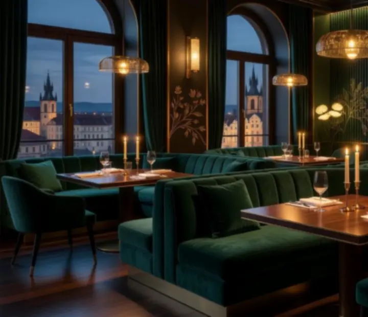 Luxusní interiér pražské casino restaurace s elegantním osvětlením a pohodlným sezením.