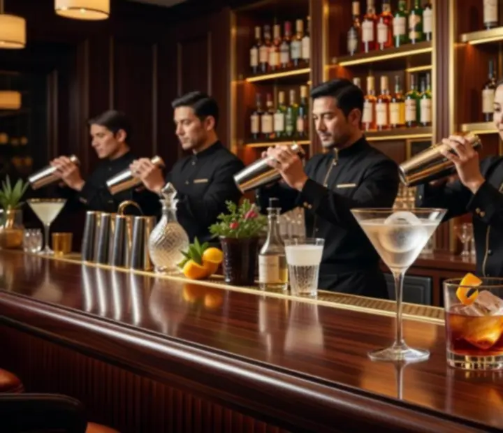 Luxusní bar s autorskými koktejly a sklenkami vína v casino restauraci Bohe Vixx.